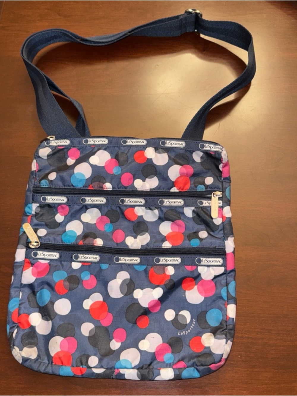 LeSportsac Navy Crossbody with Pink, Red, Blue & White Dot Print 3 Zip